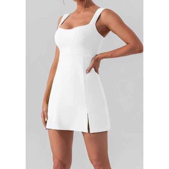 Women Golf Dress Square Neck Workout Tennis Dress Sleeveless Side Slit white L - Picture 2 of 16
